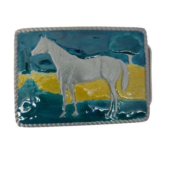 Western Cowboy Horse Belt Buckle Green Yellow Enamel Country - Picture 1 of 9